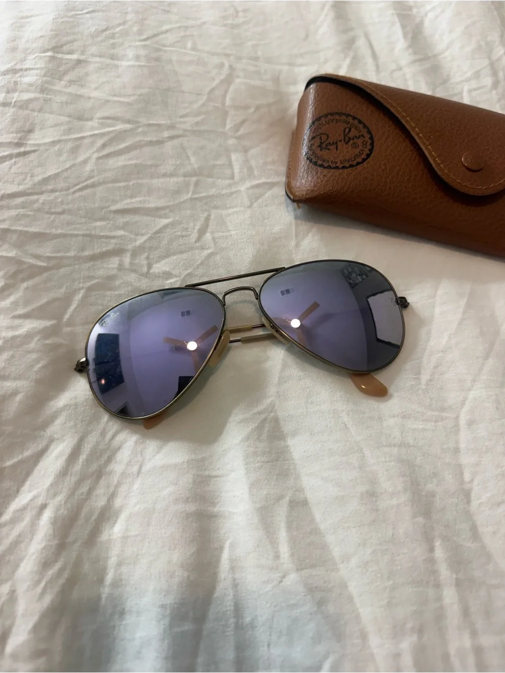 Ray-Ban Purple Tinted Aviator Shades with Brown Leather Sunglasses Pouch